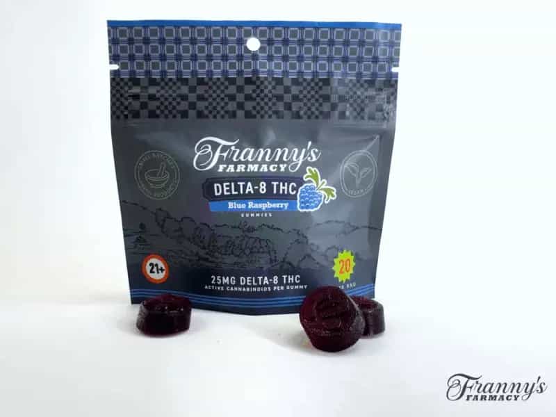 Frannys Farmacy 25mg Delta-8 Blue Raspberry Gummies Now Vegan + No Melt